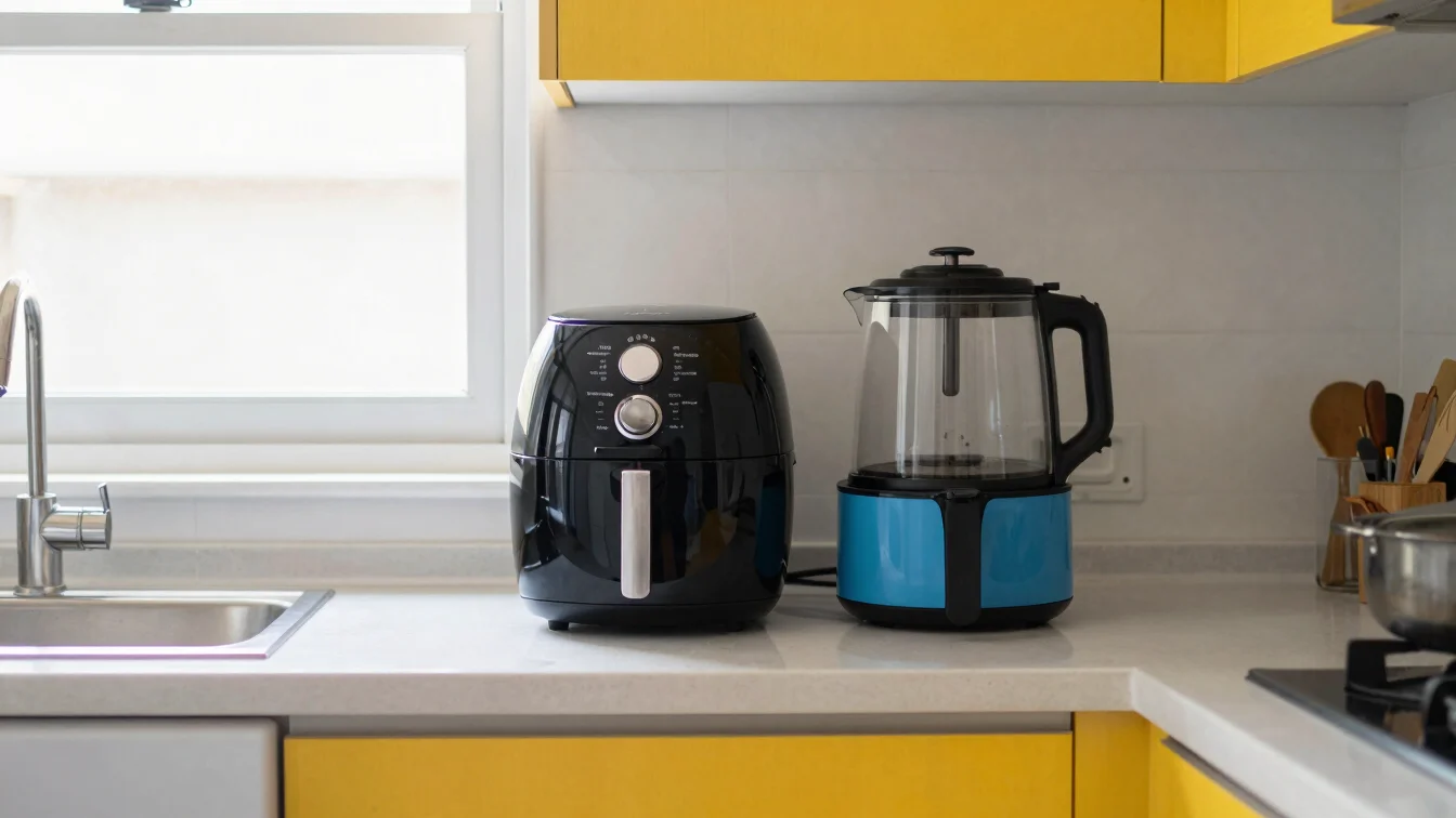 Fotografia editorial de uma cozinha brasileira clara e cotidiana, luz natural suave pela janela, bancada com uma air fry