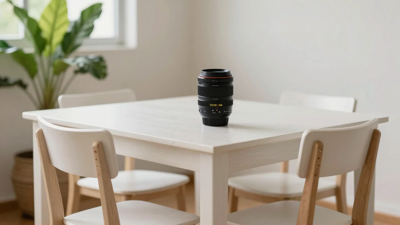 Fotografia editorial de um canto de trabalho em apartamento brasileiro, mesa de madeira clara, cadeira ergonômica e vege