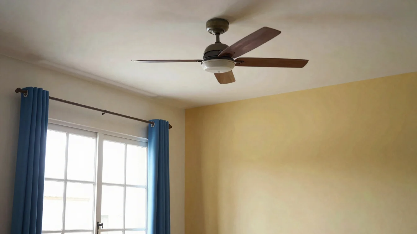 Fotografia editorial de uma sala de apartamento brasileiro com um ventilador de teto ou de coluna, janela aberta com luz