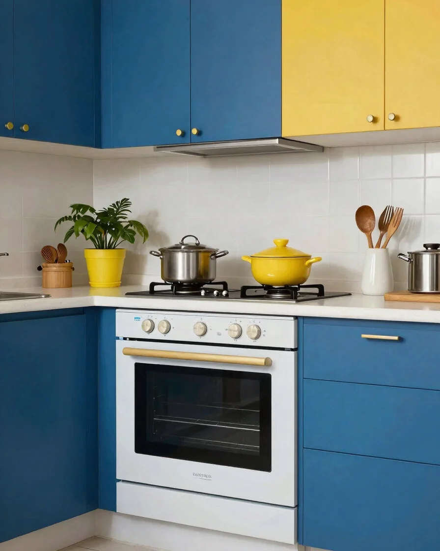 Fotografia editorial de uma cozinha de apartamento brasileiro com um eletrodoméstico em uso, luz natural suave, tons neu